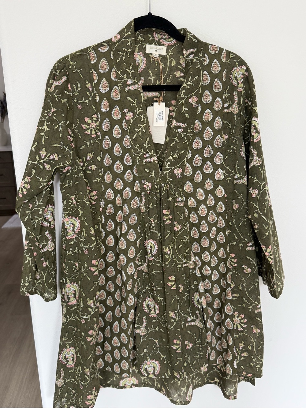 Cost Plus World Market Olive Floral Print Trench-Style Tunic Coat
